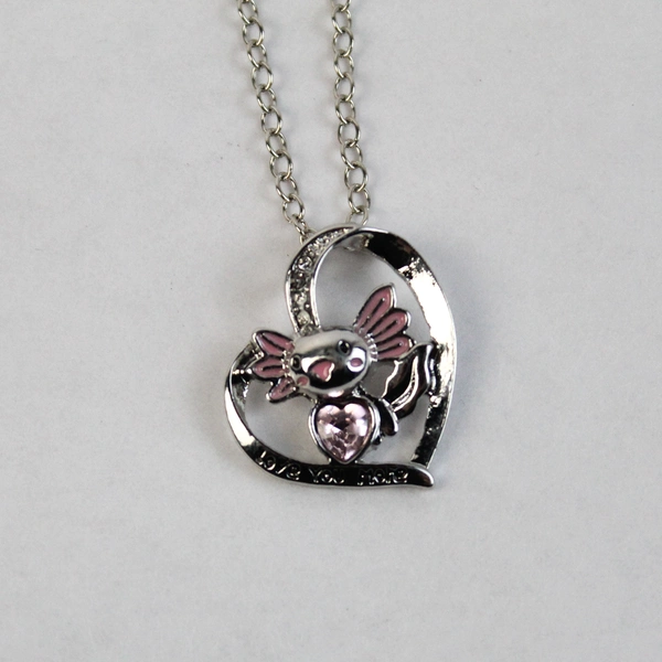 Silver Toned Love You More Pendant Necklace Pink Gem Animal With Pink Accents