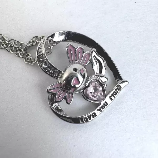 Silver Toned Love You More Pendant Necklace Pink Gem Animal With Pink Accents