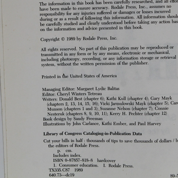 Rodale Press Cut Your Bills in Half 1989 1st Edition Hardcover
