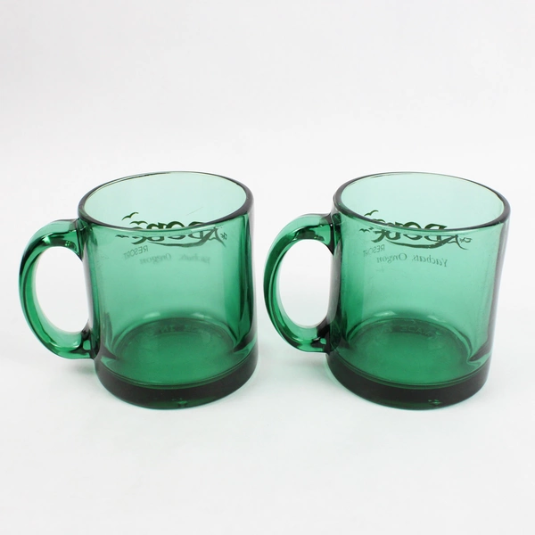 Lot of 2 Green Glass Souvenir Mugs The Adobe Resort Yachats Oregon
