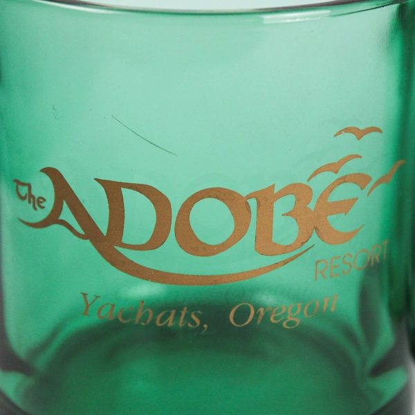 Lot of 2 Green Glass Souvenir Mugs The Adobe Resort Yachats Oregon