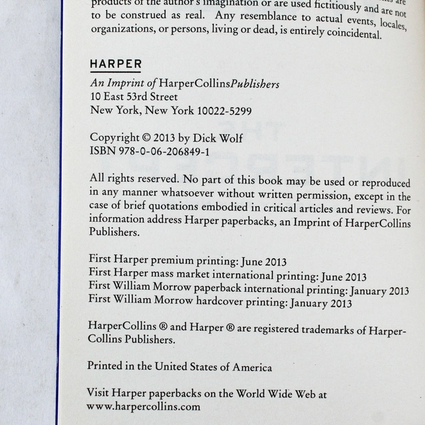 Jeremy Fisk Novels: The Intercept by Dick Wolf, 2013 HarperCollins PB