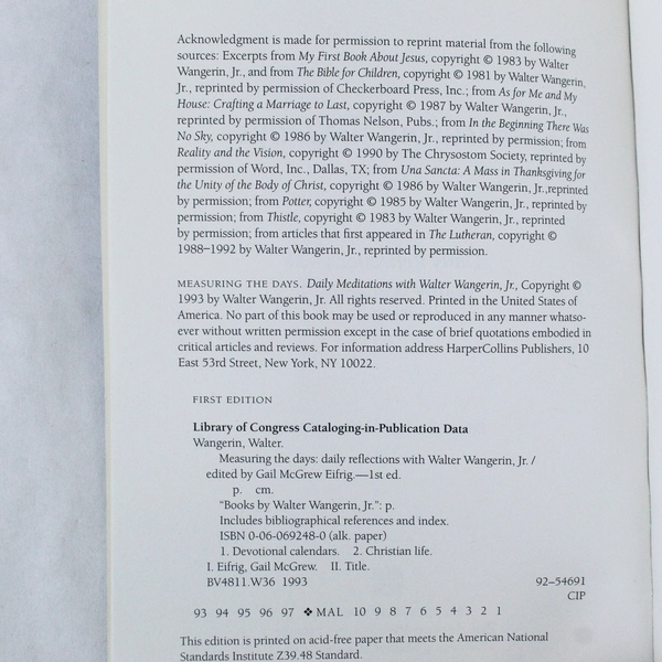 Measuring The Days Daily Reflections Walter Wangerin Jr. 1993 PB - Pre-Owned