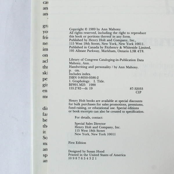 Handwriting & Personality by Ann Mahony 1989 1st Ed Graphology HC