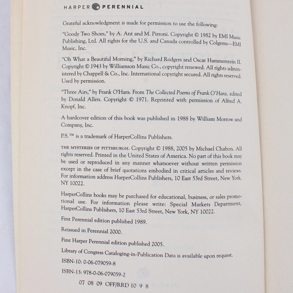 The Mysteries Of Pittsburgh Michael Chabon 2005 Harper Perennial Paperback