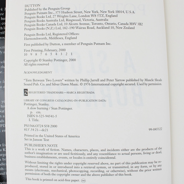 A Slow Burning Stanley Pottinger 2000 Dutton Books Hardcover DJ