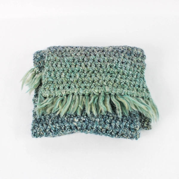 Handmade Knit Green and Blue Scarf With Tassels 62"
