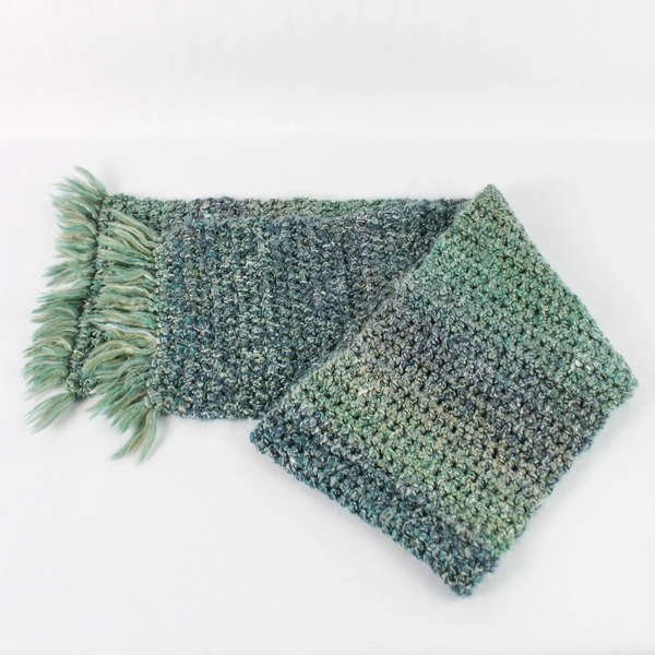 Handmade Knit Green and Blue Scarf With Tassels 62"