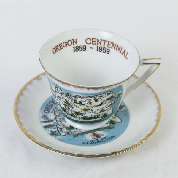 Vintage Norcrest Oregon Centennial Footed Tea Cup And Saucer Set