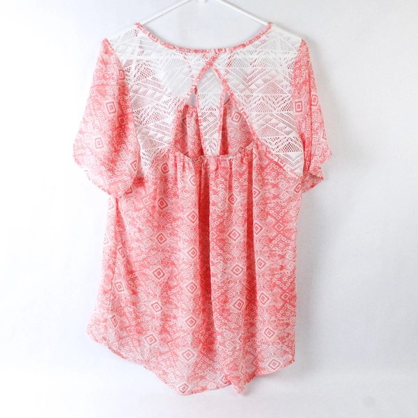 Deb Shops Women's 1X Pink White Crochet Cut-Out Back Blouse Top