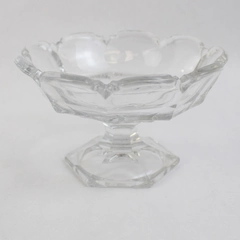 Vintage Glass Scalloped Rim Paneled Ice Cream Fruit Bowl w/ Hexagon Pedestal