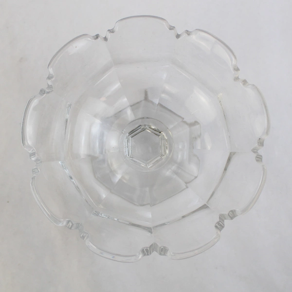 Vintage Glass Scalloped Rim Paneled Ice Cream Fruit Bowl w/ Hexagon Pedestal