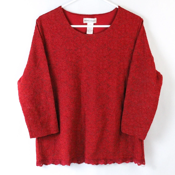 Draper's & Damon's Red Lace Blouse Top Size L 3/4 Sleeve Polyester Blend