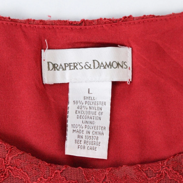 Draper's & Damon's Red Lace Blouse Top Size L 3/4 Sleeve Polyester Blend