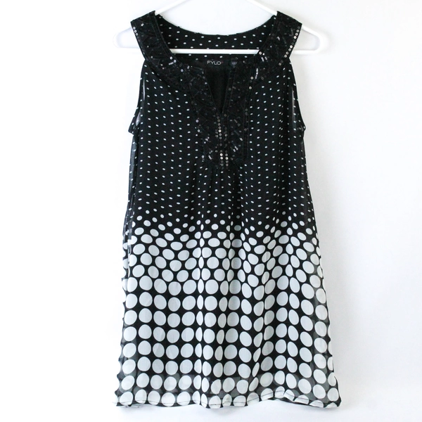 Fylo Black White Polka Dot Sleeveless Top SP with Sequin Accent Trim