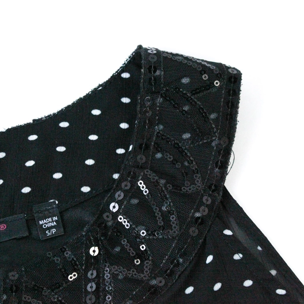 Fylo Black White Polka Dot Sleeveless Top SP with Sequin Accent Trim