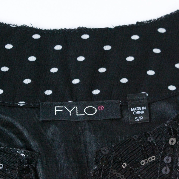 Fylo Black White Polka Dot Sleeveless Top SP with Sequin Accent Trim