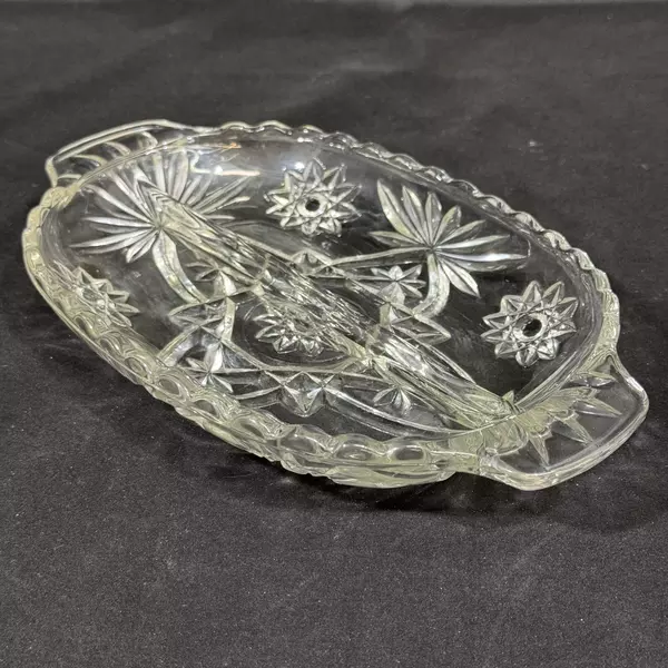 Vtg Anchor Hocking Prescut Stars Fans Clear Glass 2 Part Divided Relish Dish
