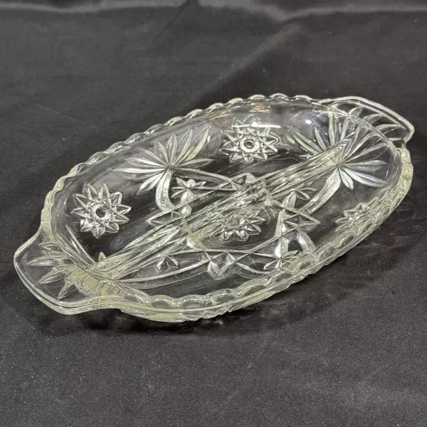 Vtg Anchor Hocking Prescut Stars Fans Clear Glass 2 Part Divided Relish Dish