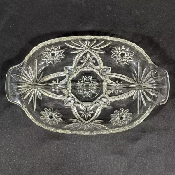 Vtg Anchor Hocking Prescut Stars Fans Clear Glass 2 Part Divided Relish Dish