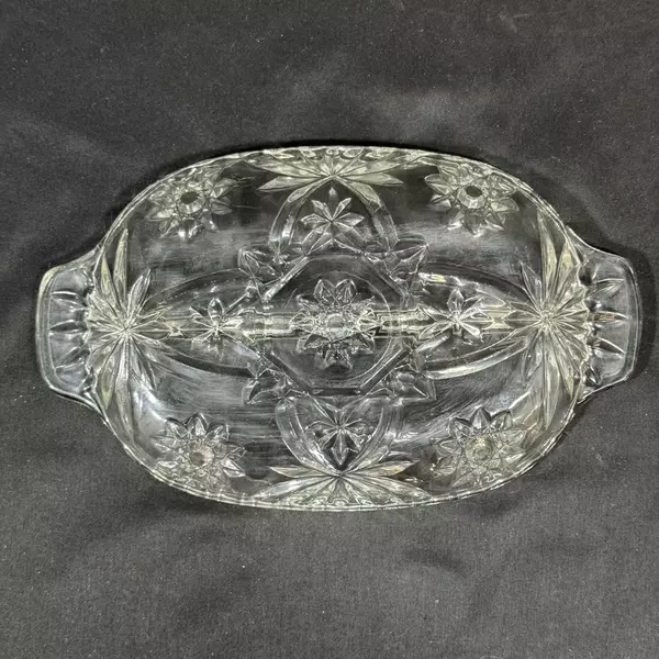 Vtg Anchor Hocking Prescut Stars Fans Clear Glass 2 Part Divided Relish Dish