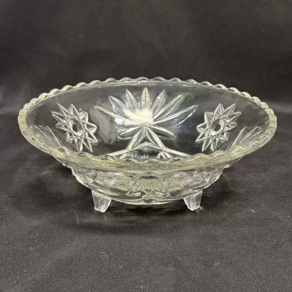 Vintage Anchor Hocking Prescut 3-Footed Glass Bon Bon Candy Dish