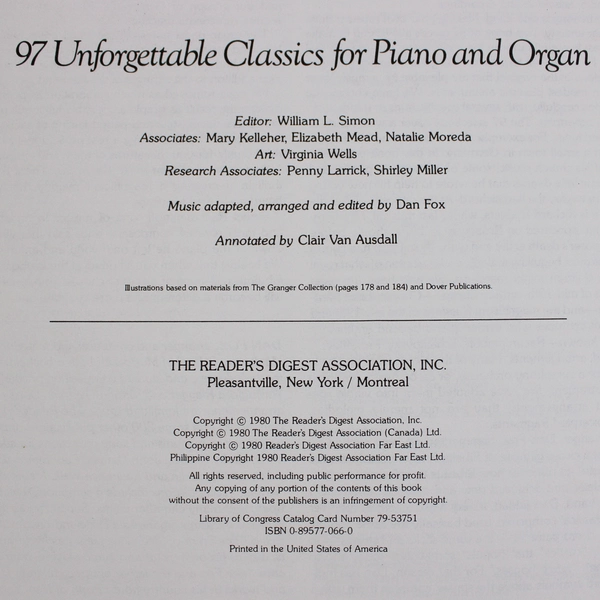 Reader's Digest Great Music's Greatest Hits for Piano & Organ 1980 HC Spiral
