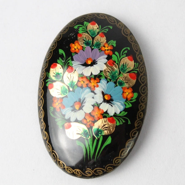 Vintage 1994 Artist Signed Hand Painted Lacquer Brooch With Flowers