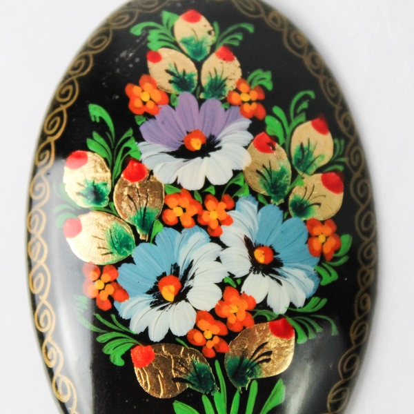 Vintage 1994 Artist Signed Hand Painted Lacquer Brooch With Flowers