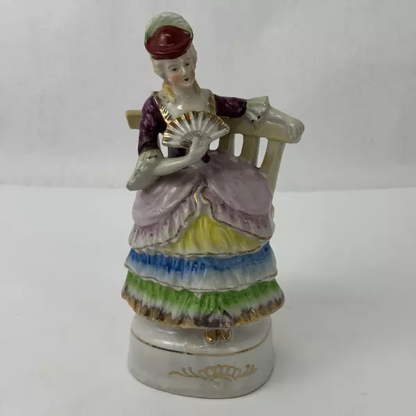 Vtg Porcelain Figurine Victorian Lady Sitting On a Bench With Fan Occupied Japan