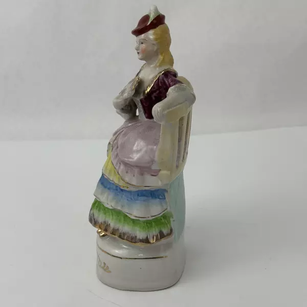 Vtg Porcelain Figurine Victorian Lady Sitting On a Bench With Fan Occupied Japan