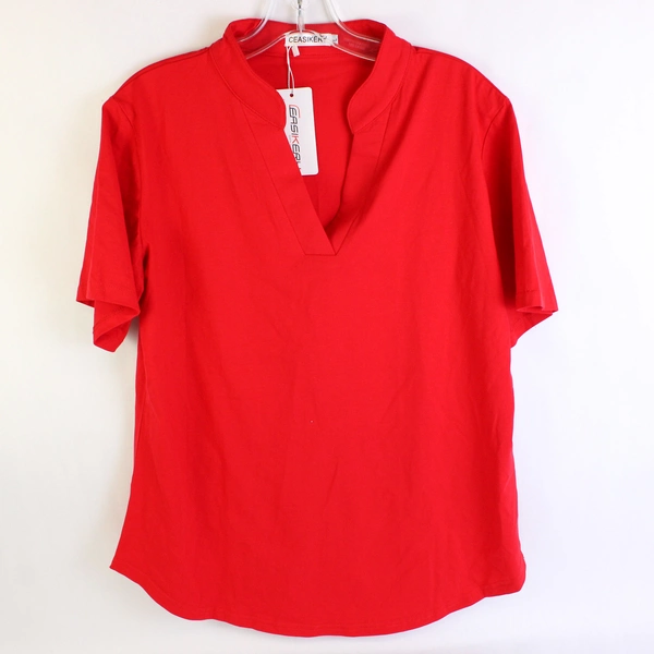 Ceasikery Women's Short Sleeve Shirt Large Red Stretch V-Neck Tunic NWT