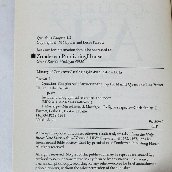 Questions Couples Ask by Les & Leslie Parrott - Relationship Guide Book