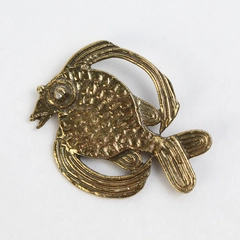 Signed Alva Studios Fish Pin Brooch Brass Hammered Deco