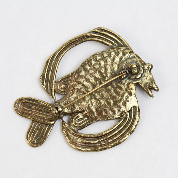Signed Alva Studios Fish Pin Brooch Brass Hammered Deco
