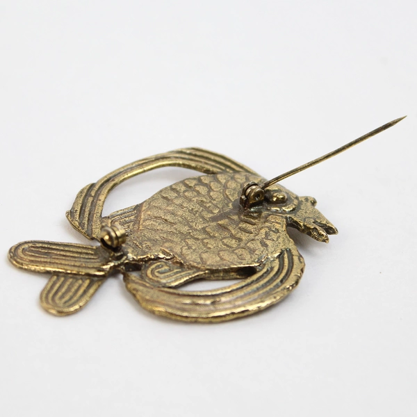 Signed Alva Studios Fish Pin Brooch Brass Hammered Deco
