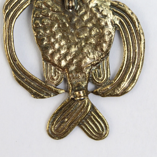 Signed Alva Studios Fish Pin Brooch Brass Hammered Deco