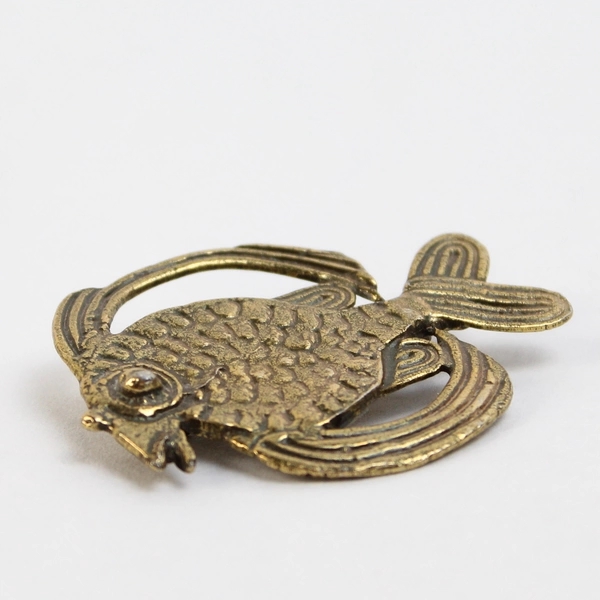 Signed Alva Studios Fish Pin Brooch Brass Hammered Deco