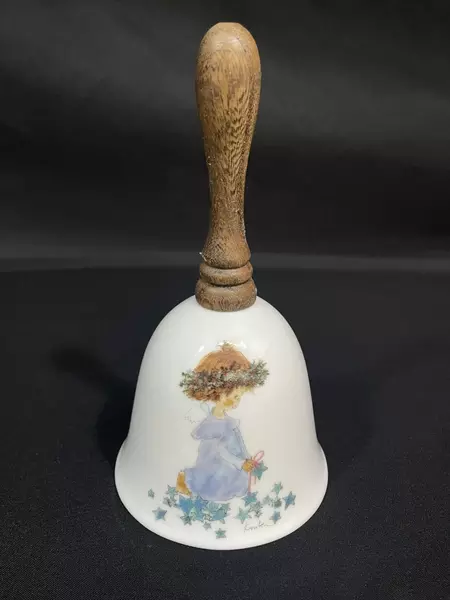 Vintage Kinka Porcelain Bell Angel Counting Stars with Wooden Handle 6"