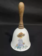 Vintage Kinka Porcelain Bell Angel Counting Stars with Wooden Handle 6"