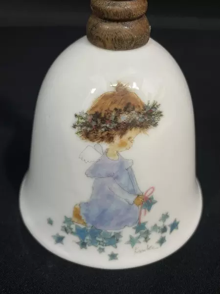 Vintage Kinka Porcelain Bell Angel Counting Stars with Wooden Handle 6"