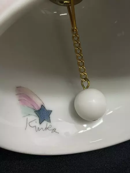 Vintage Kinka Porcelain Bell Angel Counting Stars with Wooden Handle 6"