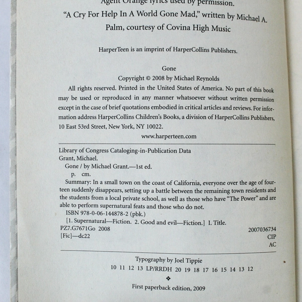 Gone by Michael Grant 2008 HarperCollins Paperback Young Adult Novel