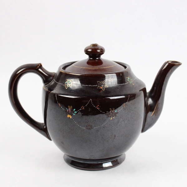 Vintage Japanese Hand Painted Dark Brown Porcelain Floral Teapot 6.5" Tall