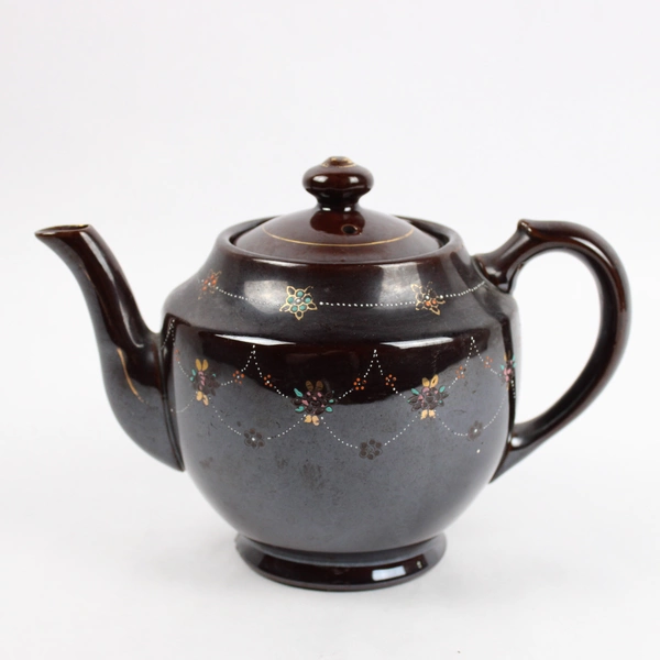 Vintage Japanese Hand Painted Dark Brown Porcelain Floral Teapot 6.5" Tall