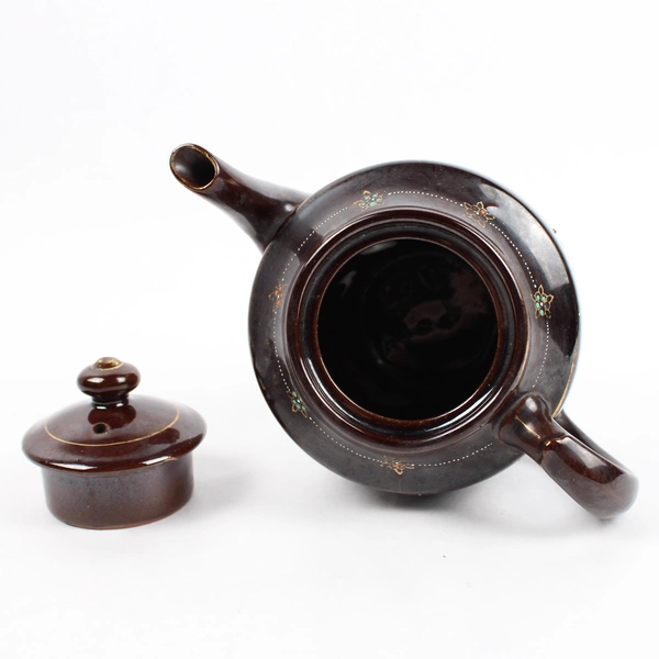 Vintage Japanese Hand Painted Dark Brown Porcelain Floral Teapot 6.5" Tall