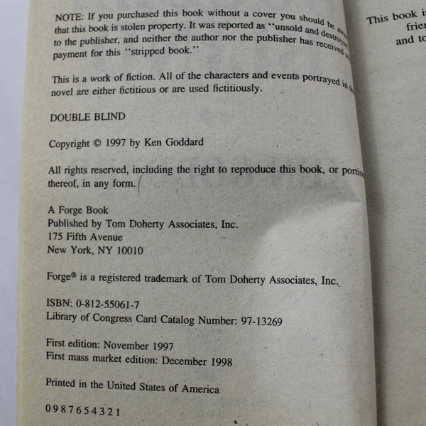 Double Blind by Ken Goddard 1998 Forge Paperback Novel - Pre-owned, Good Cond.