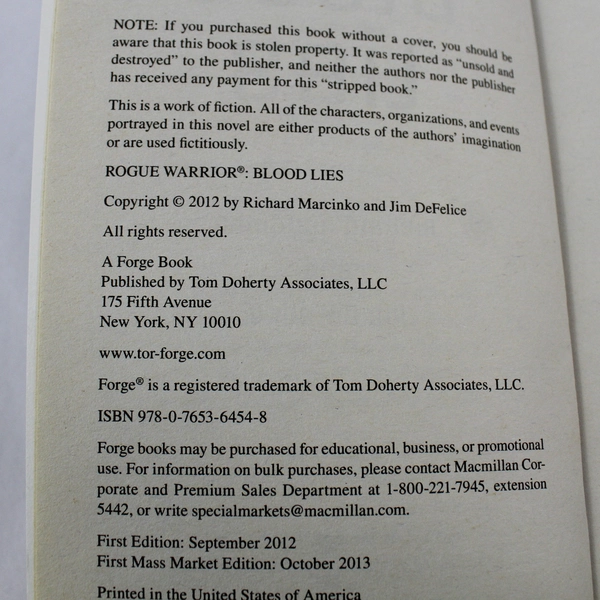 Rogue Warrior: Blood Lies by Marcinko & DeFelice 2013 PB - Good Condition