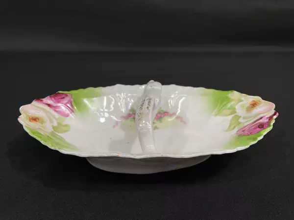 Vintage White Porcelain Oval Serving Dish Pink Roses Spoon Rest Handle
