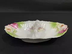 Vintage White Porcelain Oval Serving Dish Pink Roses Spoon Rest Handle